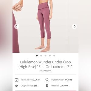 🍋Lululemon Wunder Under Crop High Rise Full On Luxtreme 21” size 10🍋FLAW